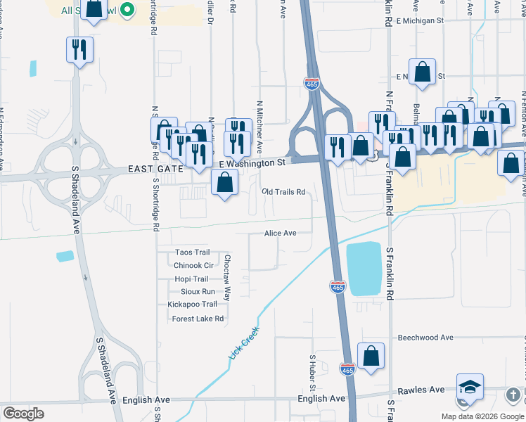 map of restaurants, bars, coffee shops, grocery stores, and more near 7551 Old Trails Road in Indianapolis