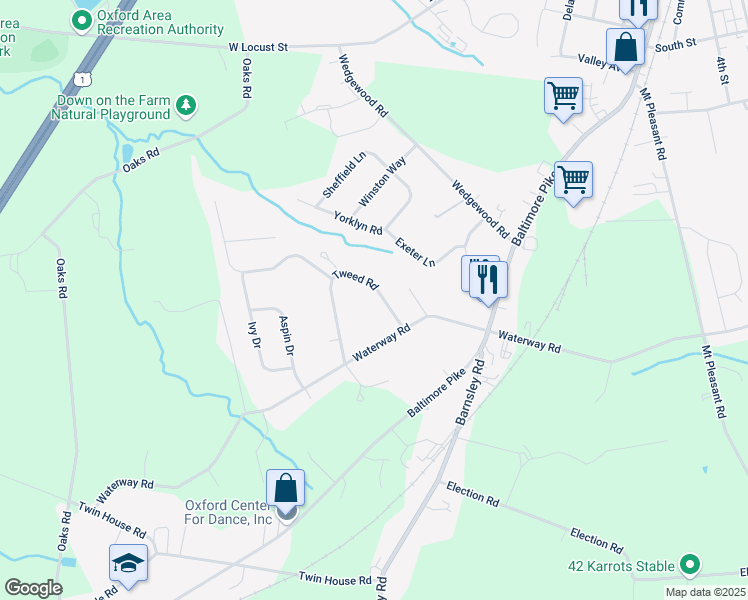 map of restaurants, bars, coffee shops, grocery stores, and more near 117 Tweed Road in Oxford
