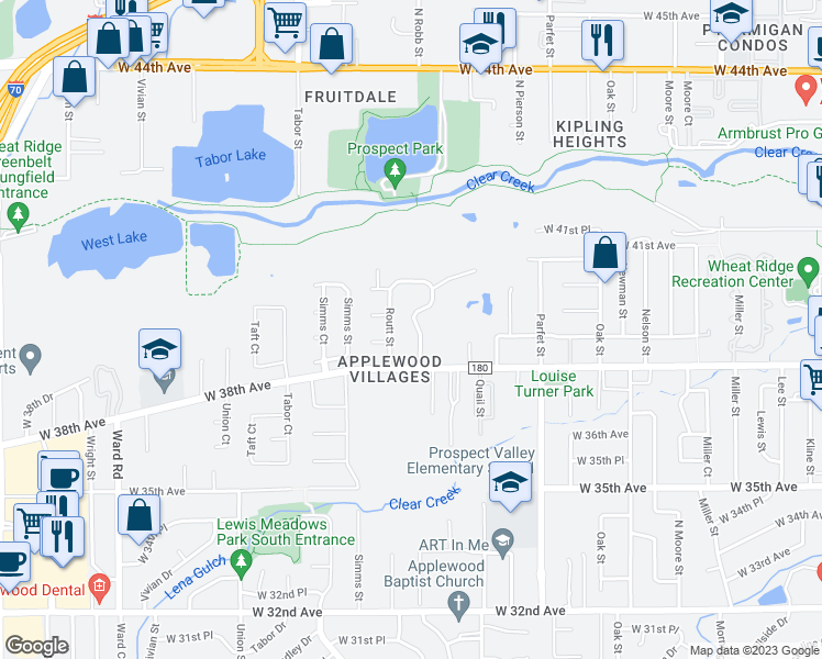 map of restaurants, bars, coffee shops, grocery stores, and more near 3850 North Robb Street in Wheat Ridge