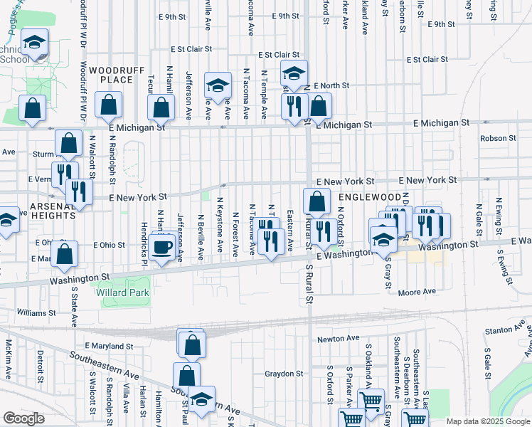 map of restaurants, bars, coffee shops, grocery stores, and more near 237 North Tacoma Avenue in Indianapolis