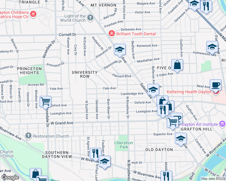 map of restaurants, bars, coffee shops, grocery stores, and more near 149 Cambridge Avenue in Dayton