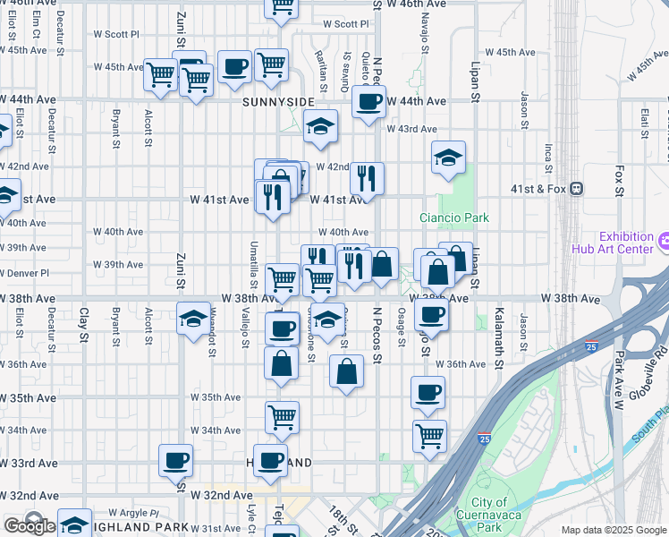 map of restaurants, bars, coffee shops, grocery stores, and more near 3926 Shoshone Street in Denver