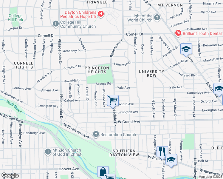 map of restaurants, bars, coffee shops, grocery stores, and more near 651 Yale Avenue in Dayton