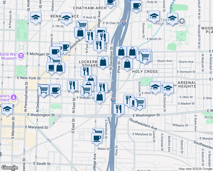 map of restaurants, bars, coffee shops, grocery stores, and more near 743 East New York Street in Indianapolis