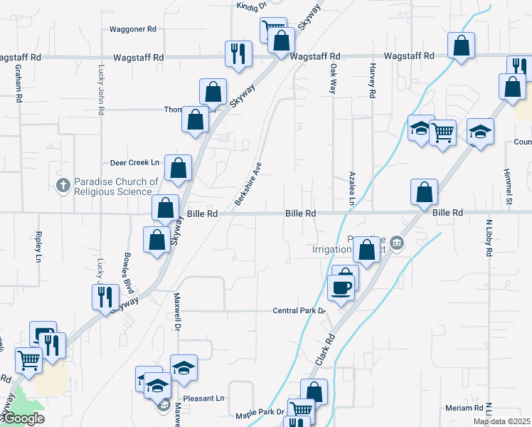 map of restaurants, bars, coffee shops, grocery stores, and more near Bille Road in Paradise