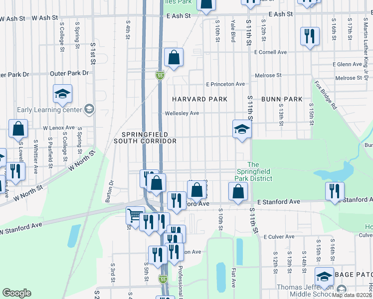 map of restaurants, bars, coffee shops, grocery stores, and more near 2523 South 8th Street in Springfield