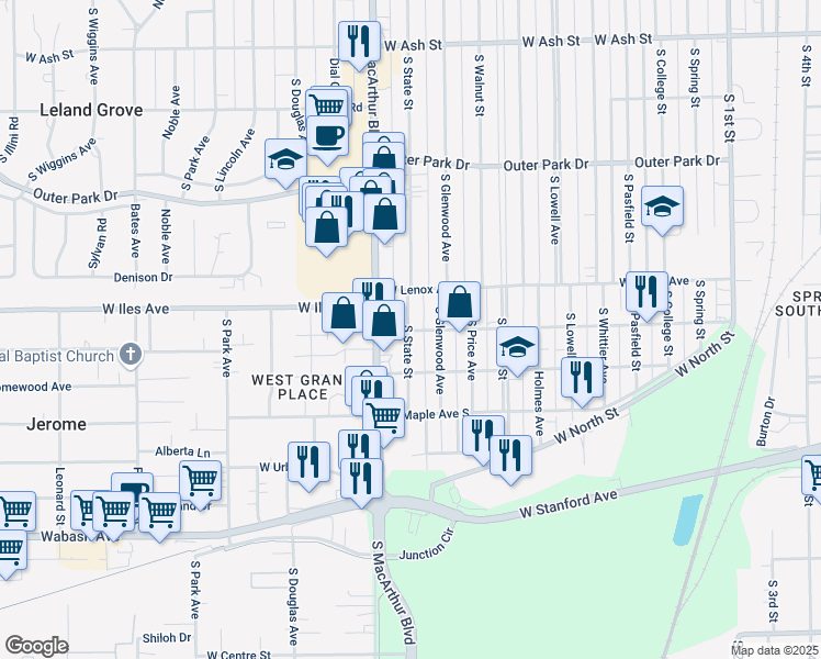 map of restaurants, bars, coffee shops, grocery stores, and more near 2601 South State Street in Springfield