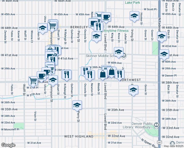 map of restaurants, bars, coffee shops, grocery stores, and more near in Denver