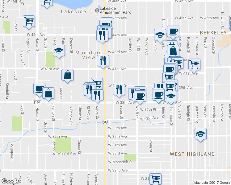 map of restaurants, bars, coffee shops, grocery stores, and more near 3895 Zenobia Street in Denver
