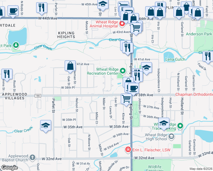 map of restaurants, bars, coffee shops, grocery stores, and more near 3935 Miller Street in Wheat Ridge