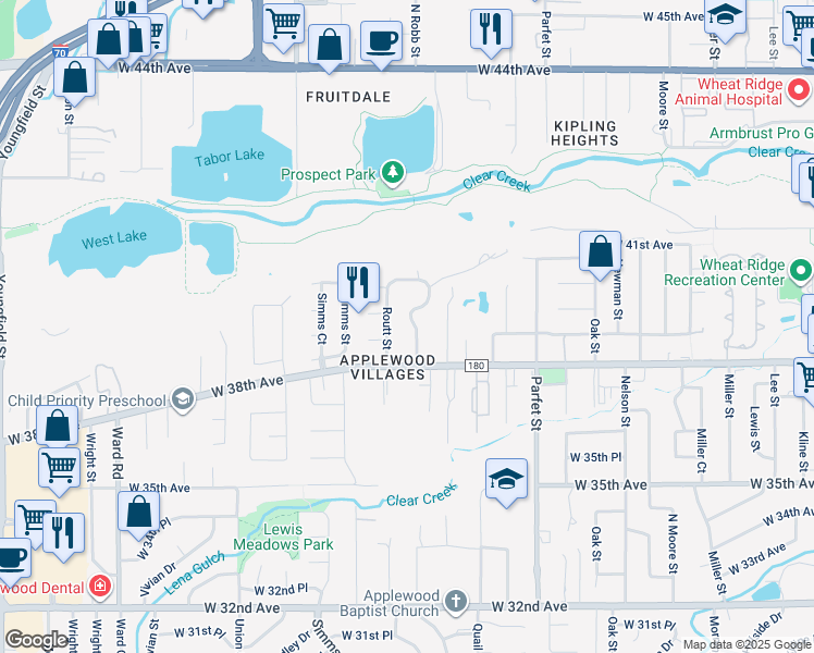 map of restaurants, bars, coffee shops, grocery stores, and more near 3850 North Robb Street in Wheat Ridge