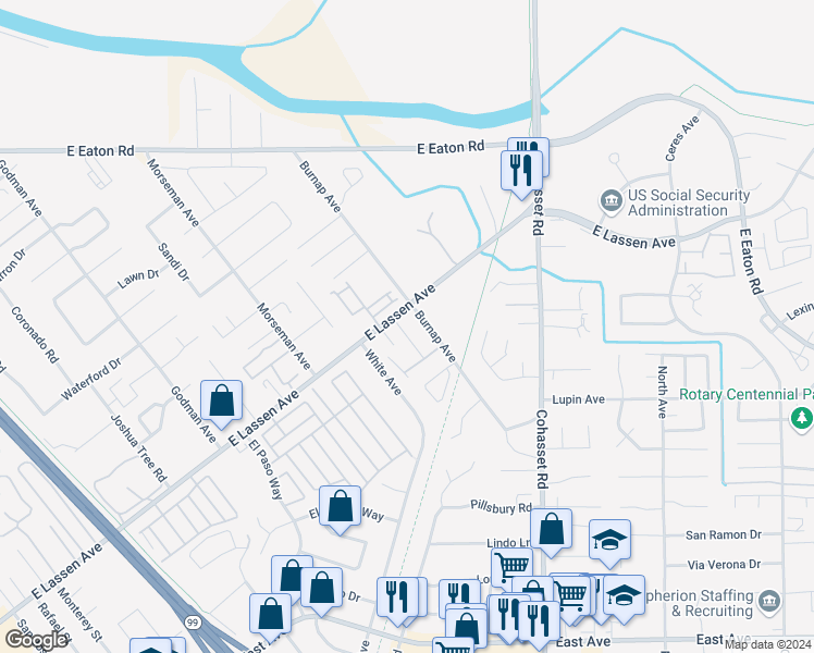 map of restaurants, bars, coffee shops, grocery stores, and more near 982 East Lassen Avenue in Chico