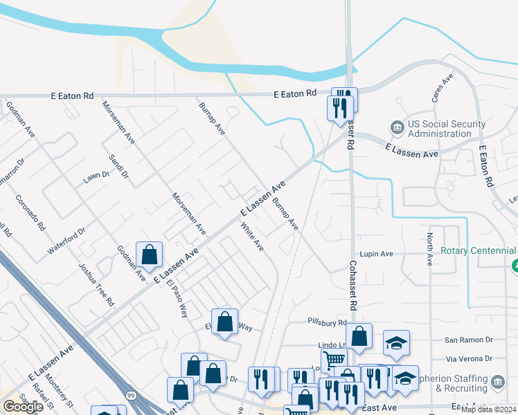 map of restaurants, bars, coffee shops, grocery stores, and more near 982 East Lassen Avenue in Chico