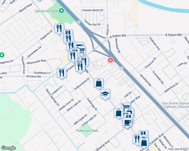 map of restaurants, bars, coffee shops, grocery stores, and more near 10 Independence Circle in Chico