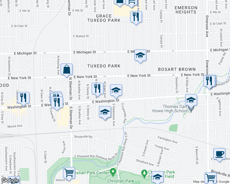 map of restaurants, bars, coffee shops, grocery stores, and more near 48 North Colorado Avenue in Indianapolis