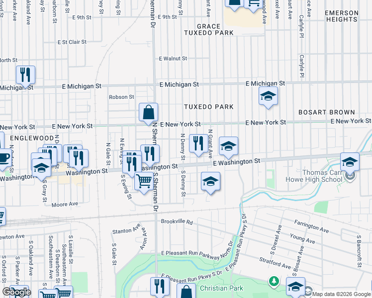 map of restaurants, bars, coffee shops, grocery stores, and more near 56 North Denny Street in Indianapolis