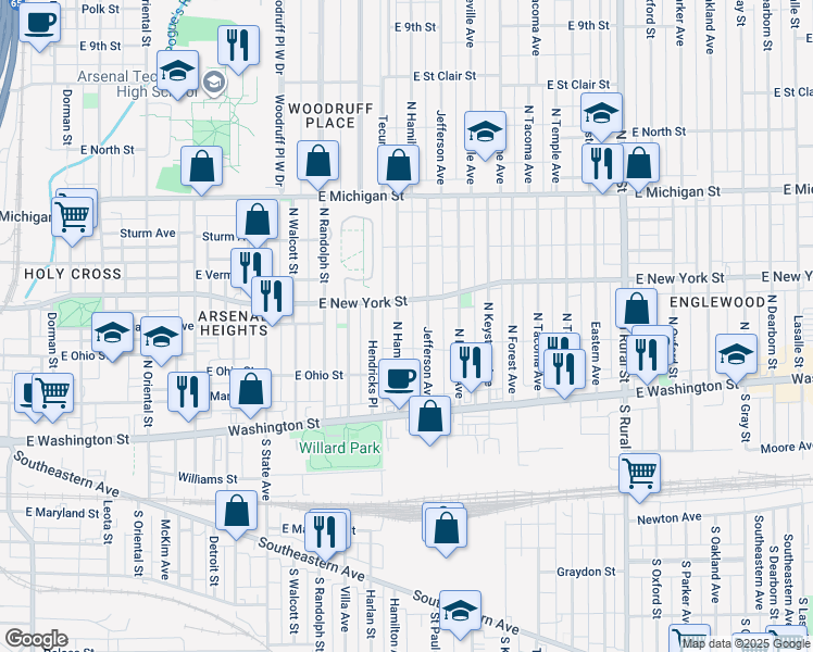 map of restaurants, bars, coffee shops, grocery stores, and more near in Indianapolis