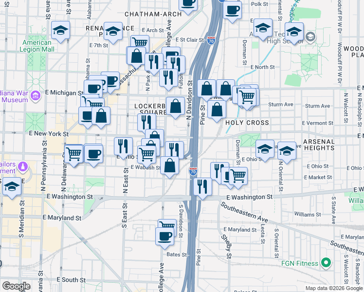 map of restaurants, bars, coffee shops, grocery stores, and more near 743 East New York Street in Indianapolis