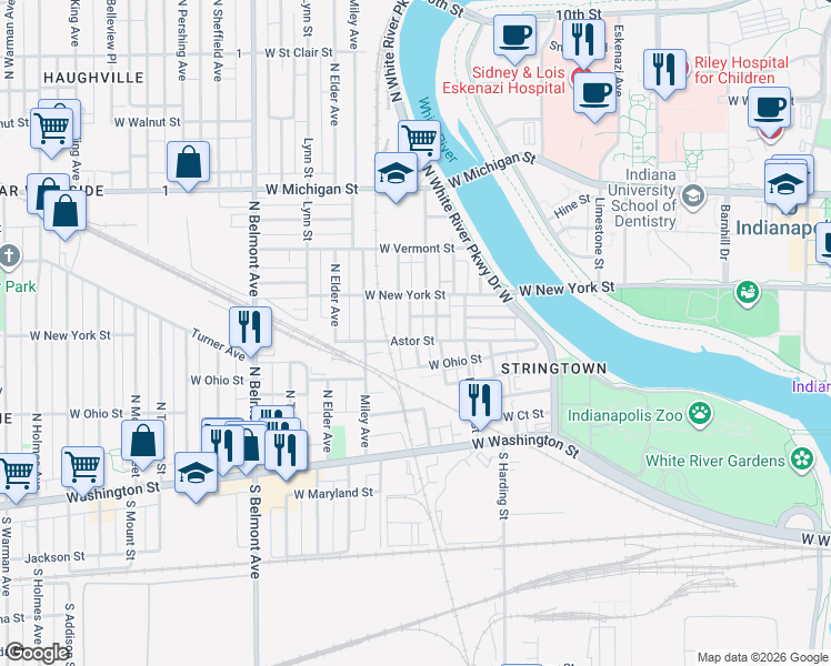 map of restaurants, bars, coffee shops, grocery stores, and more near 254 North Reisner Street in Indianapolis