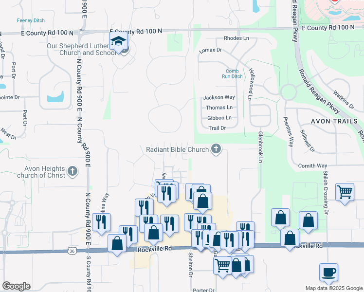 map of restaurants, bars, coffee shops, grocery stores, and more near Cricket Knoll Drive in Avon