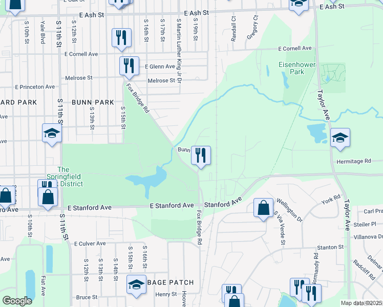 map of restaurants, bars, coffee shops, grocery stores, and more near 11 Park Ridge Road in Springfield