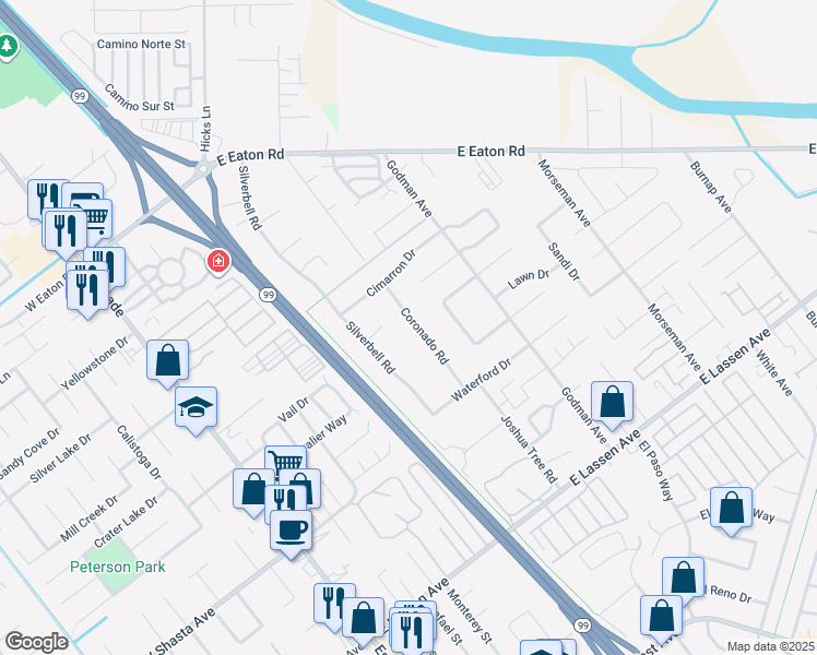 map of restaurants, bars, coffee shops, grocery stores, and more near 3131 Coronado Road in Chico
