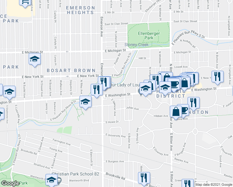 map of restaurants, bars, coffee shops, grocery stores, and more near 5208 East Washington Street in Indianapolis