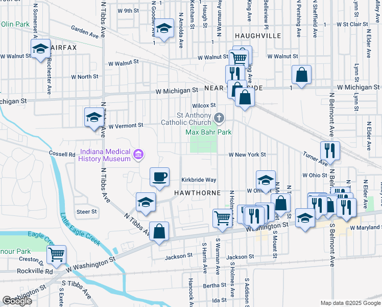 map of restaurants, bars, coffee shops, grocery stores, and more near 329 Steeples Boulevard in Indianapolis