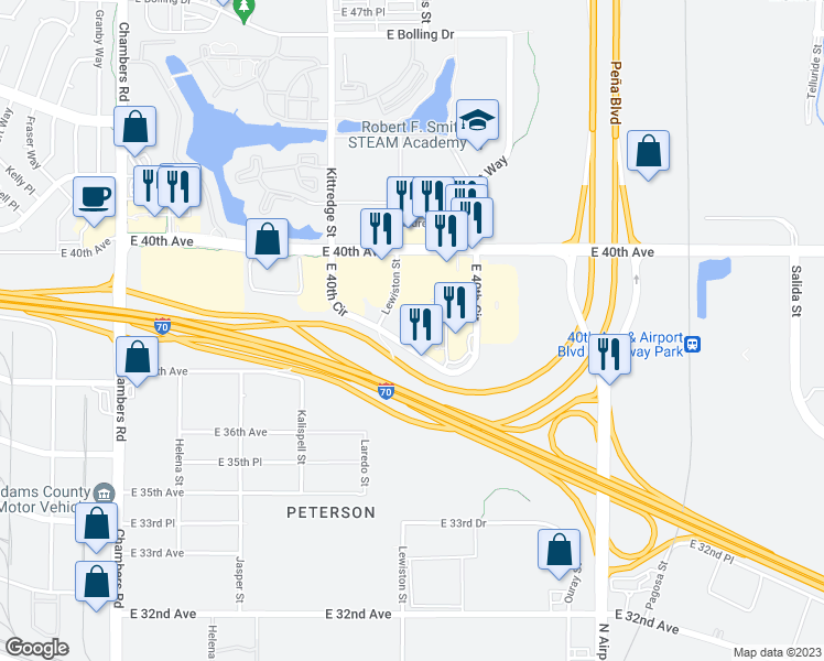 map of restaurants, bars, coffee shops, grocery stores, and more near 3800 North Lewiston Street in Aurora