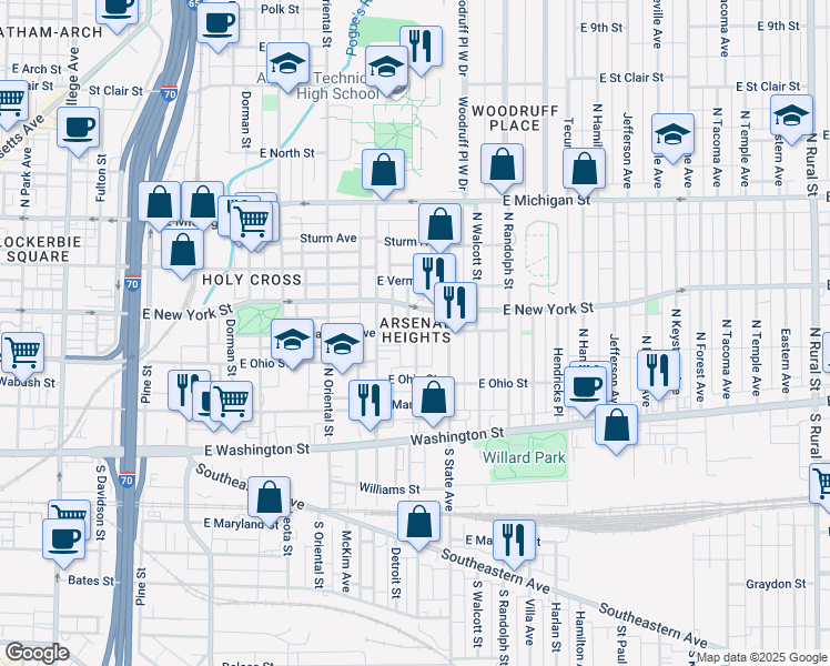 map of restaurants, bars, coffee shops, grocery stores, and more near 1610 Marlowe Avenue in Indianapolis