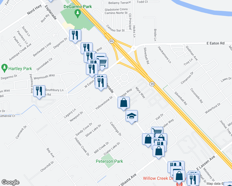 map of restaurants, bars, coffee shops, grocery stores, and more near 10 Declaration Drive in Chico