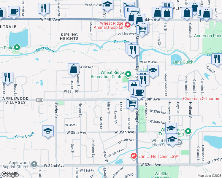 map of restaurants, bars, coffee shops, grocery stores, and more near 3935 Miller Street in Wheat Ridge