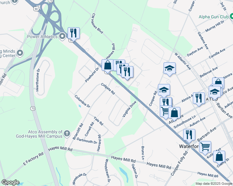 map of restaurants, bars, coffee shops, grocery stores, and more near 15 Colgate Road in Atco