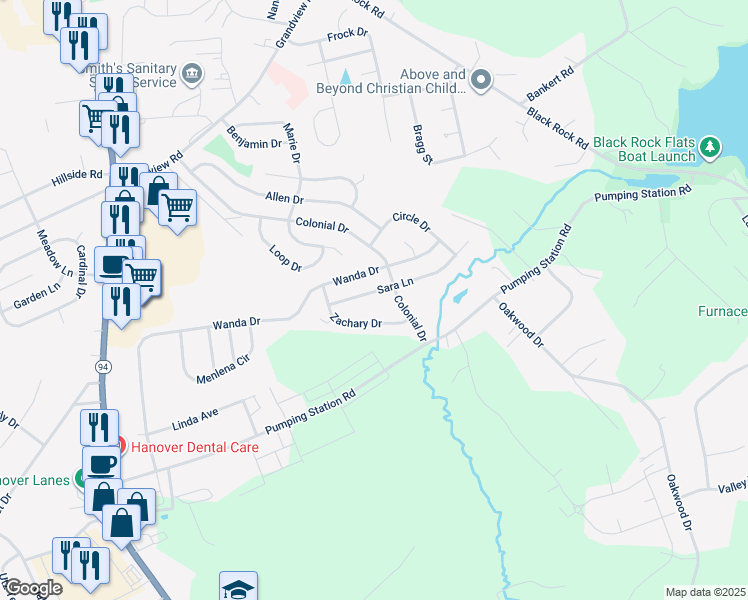 map of restaurants, bars, coffee shops, grocery stores, and more near 59 Sara Lane in Hanover