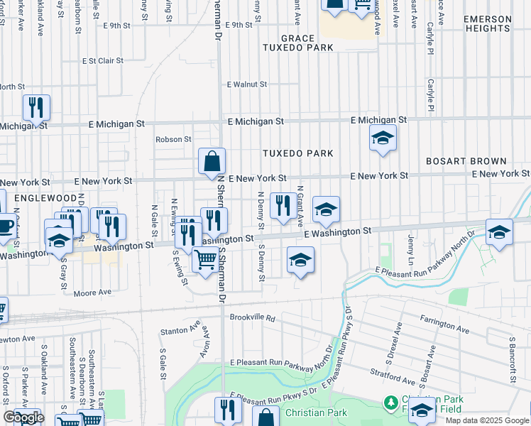 map of restaurants, bars, coffee shops, grocery stores, and more near 56 North Denny Street in Indianapolis