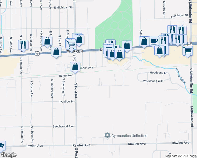 map of restaurants, bars, coffee shops, grocery stores, and more near 9310 Burk Road in Indianapolis