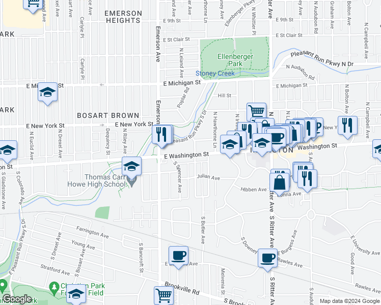 map of restaurants, bars, coffee shops, grocery stores, and more near 4 North Butler Avenue in Indianapolis