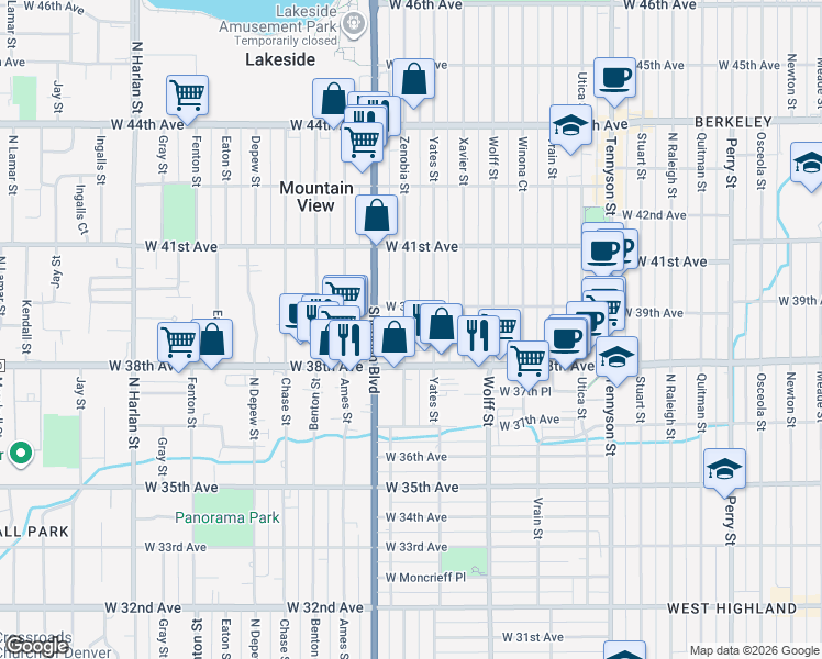 map of restaurants, bars, coffee shops, grocery stores, and more near 3895 Zenobia Street in Denver