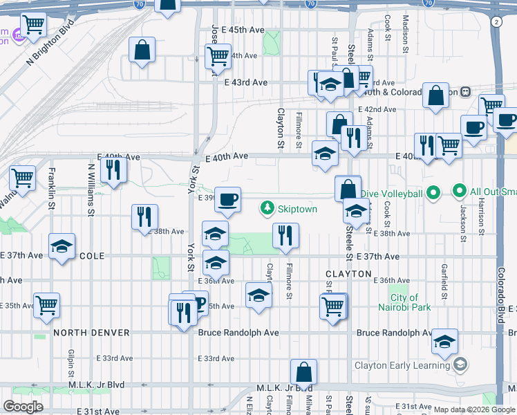 map of restaurants, bars, coffee shops, grocery stores, and more near 3875 Steele Street in Denver