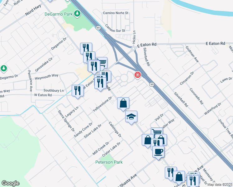 map of restaurants, bars, coffee shops, grocery stores, and more near 10 Declaration Drive in Chico