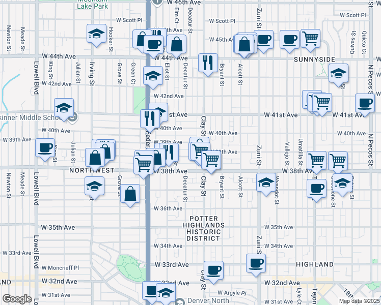 map of restaurants, bars, coffee shops, grocery stores, and more near 2751 West Denver Place in Denver