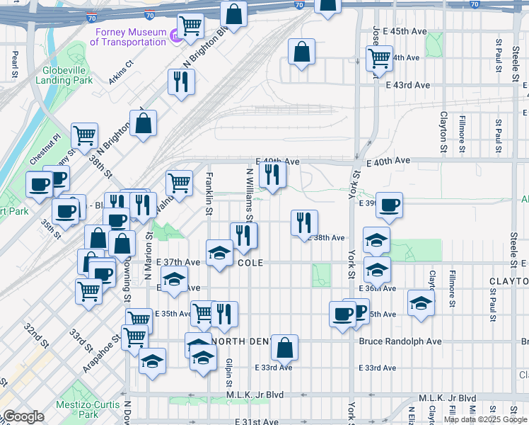 map of restaurants, bars, coffee shops, grocery stores, and more near 3838 North Williams Street in Denver