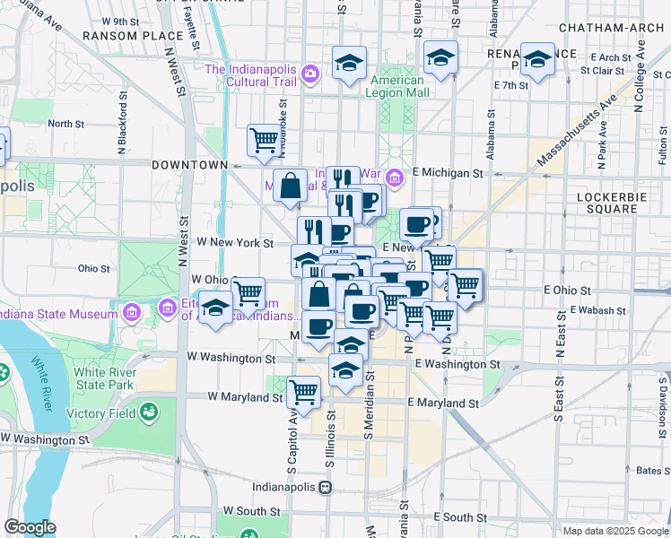 map of restaurants, bars, coffee shops, grocery stores, and more near 251 North Illinois Street in Indianapolis