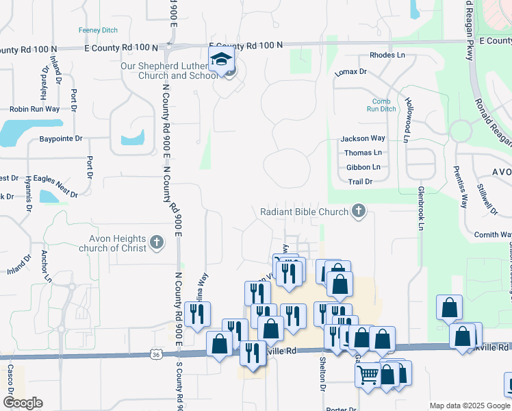 map of restaurants, bars, coffee shops, grocery stores, and more near 481 Superior Lane in Avon