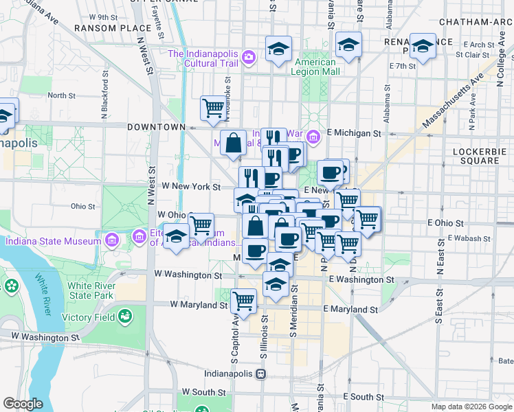 map of restaurants, bars, coffee shops, grocery stores, and more near 1 American Square in Indianapolis