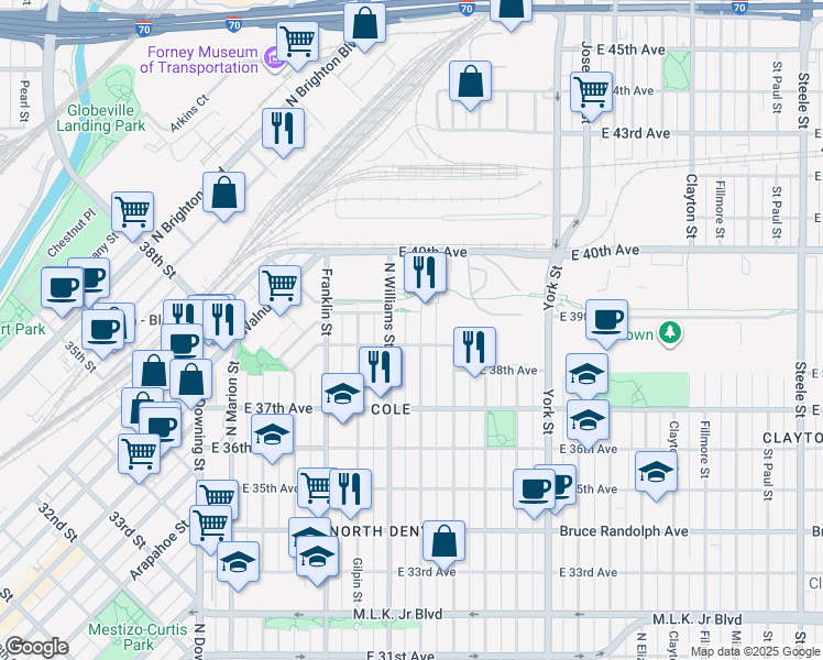 map of restaurants, bars, coffee shops, grocery stores, and more near 3838 North Williams Street in Denver