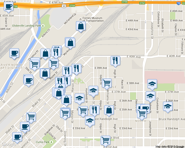 map of restaurants, bars, coffee shops, grocery stores, and more near 3844 Franklin Street in Denver