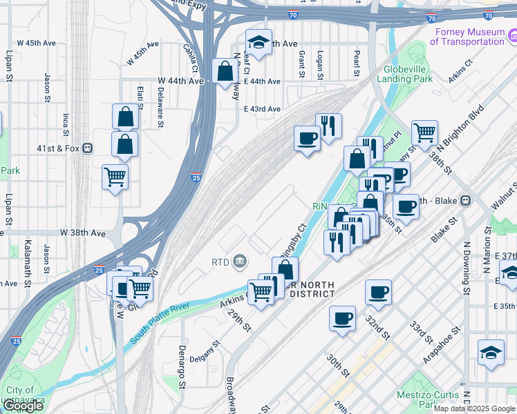 map of restaurants, bars, coffee shops, grocery stores, and more near 2095 31st Street in Denver