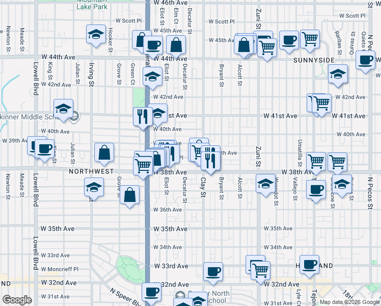 map of restaurants, bars, coffee shops, grocery stores, and more near 2720 West 39th Avenue in Denver