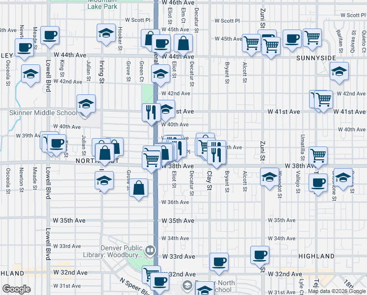 map of restaurants, bars, coffee shops, grocery stores, and more near 2771 West 39th Avenue in Denver